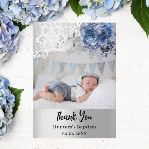 Silver blue floral baptism photo thank you card