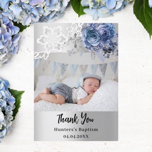 Silver blue floral baptism photo thank you card (Creator Uploaded)