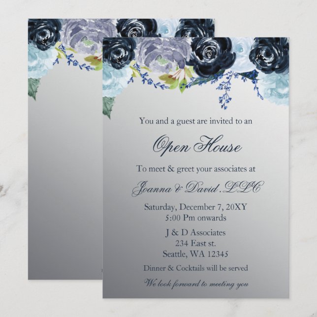 Silver Blue Floral Business Corporate Party  Invitation (Front/Back)
