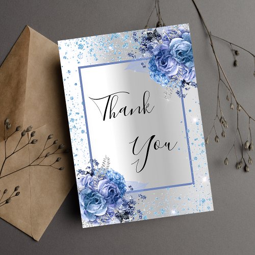 Silver blue floral glitter elegant glamorous thank you card