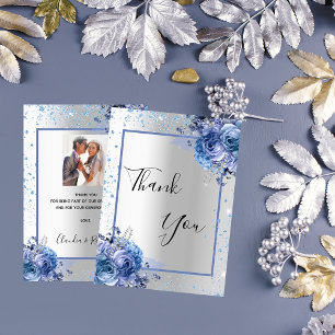 Silver blue floral glitter photo wedding thank you card