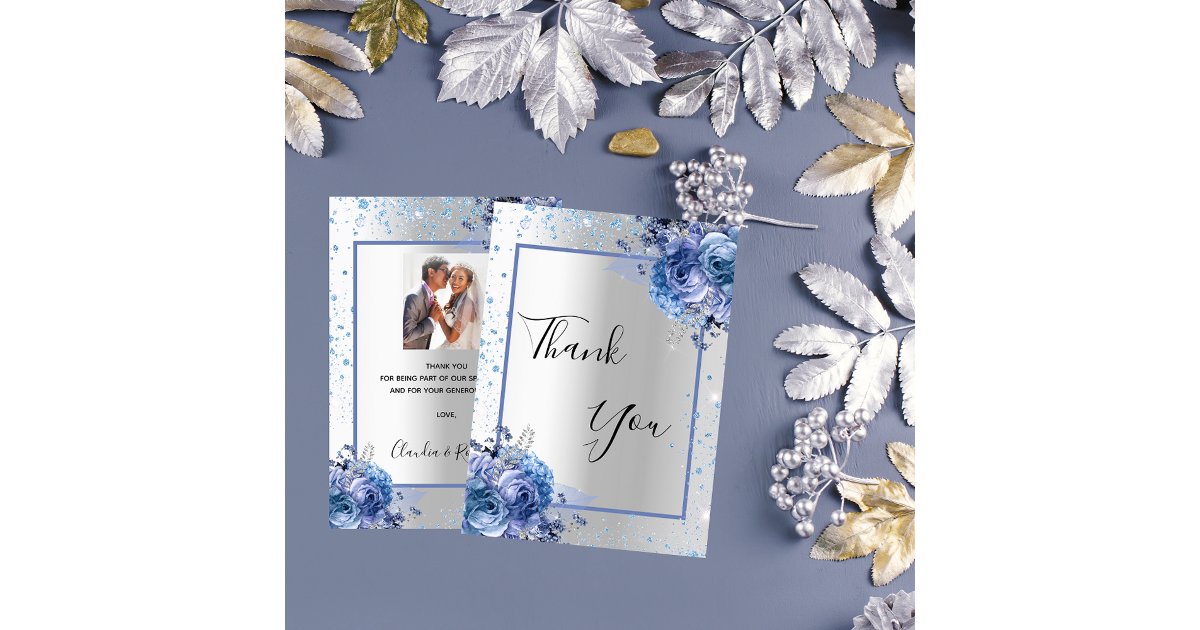 Silver blue floral glitter photo wedding thank you card | Zazzle