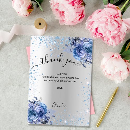 Silver blue floral glitter thank you card