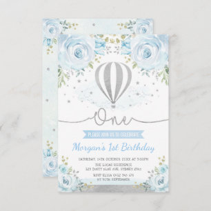 Silver Blue Floral Hot Air Balloon 1st Birthday Invitation