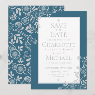 Silver Blue Floral Lace Save the Date Invitation