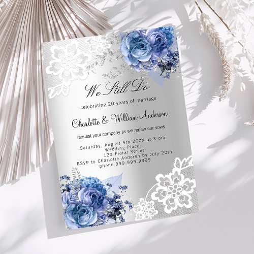 Silver blue floral lace vow renewal wedding invitation