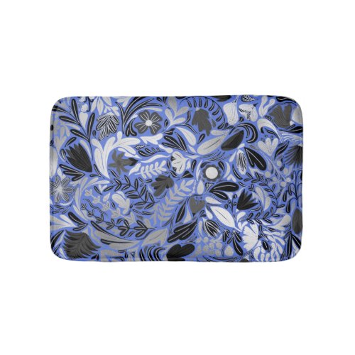 Silver Blue Floral Leaves Illustration Pattern Bath Mat