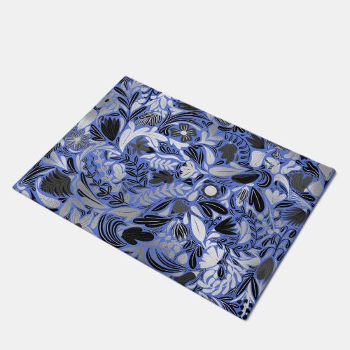 Silver Blue Floral Leaves Illustration Pattern Doormat