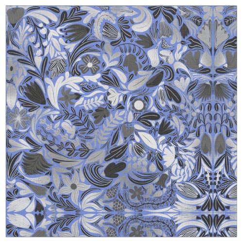 Silver Blue Floral Leaves Illustration Pattern Fabric