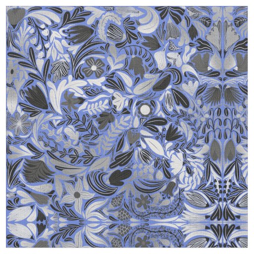 Silver Blue Floral Leaves Illustration Pattern Fabric