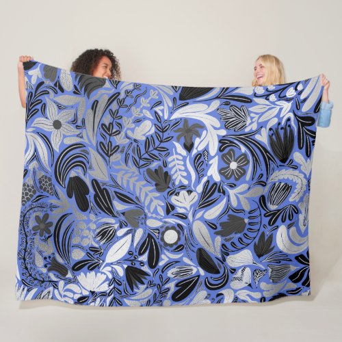 Silver Blue Floral Leaves Illustration Pattern Fleece Blanket