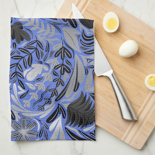 Silver Blue Floral Leaves Illustration Pattern Kitchen Towel (Quarter Fold)
