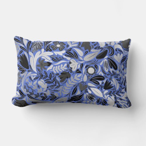 Silver Blue Floral Leaves Illustration Pattern Lumbar Pillow