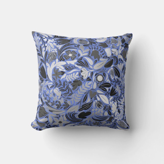 Silver Blue Floral Leaves Illustration Pattern Outdoor Pillow (Front)