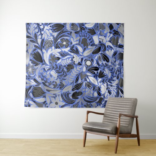 Silver Blue Floral Leaves Illustration Pattern Tapestry