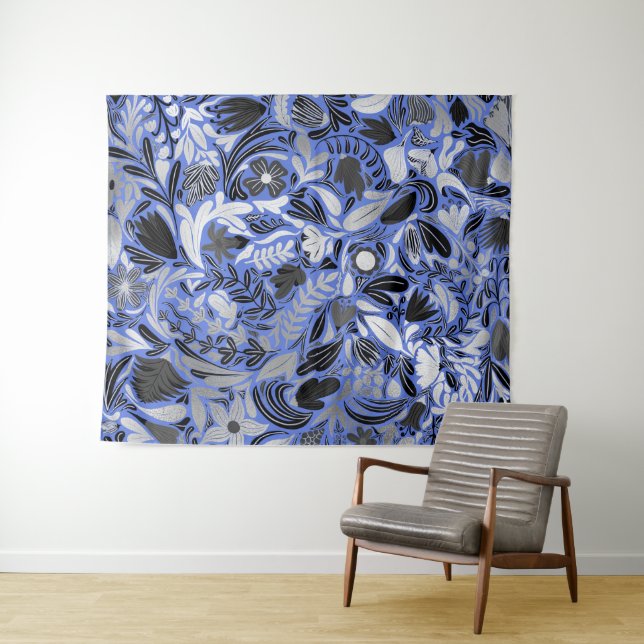 Silver Blue Floral Leaves Illustration Pattern Tapestry (In Situ (Horizontal))