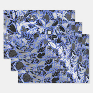 Silver Blue Floral Leaves Illustration Pattern Wrapping Paper Sheets