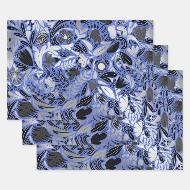 Silver Blue Floral Leaves Illustration Pattern Wrapping Paper Sheets (Set)