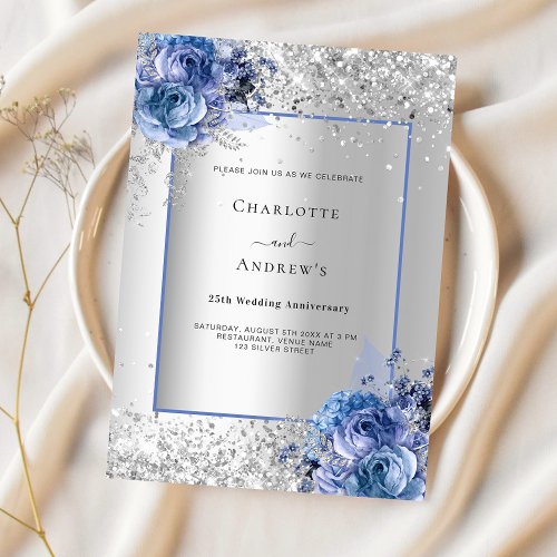 Silver blue floral luxury 25th wedding anniversary invitation