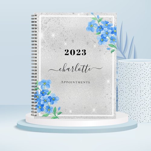Silver blue floral name appointment 2024 planner