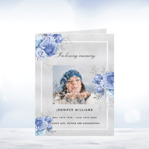 Silver blue floral photo elegant funeral program