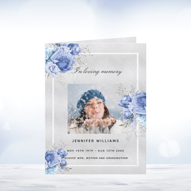 Silver blue floral photo elegant funeral program (Creator Uploaded)