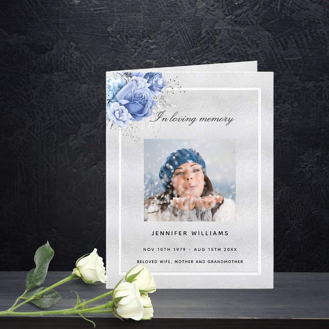 Silver blue floral photo elegant funeral program (Creator Uploaded)