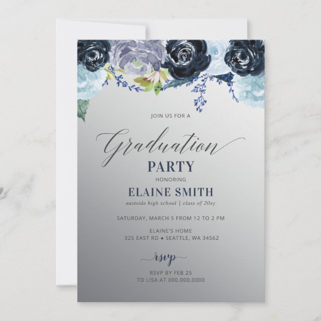 Silver Blue Floral Photo Graduation Party  Invitation (Front)