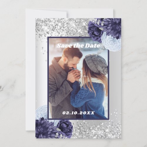 Silver blue floral photo Save the Date wedding