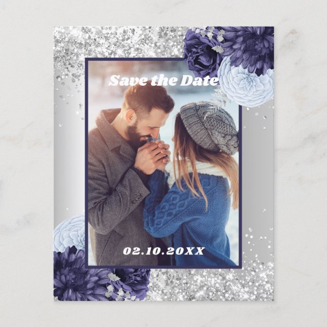 Silver blue floral photo Save the Date wedding (Front)