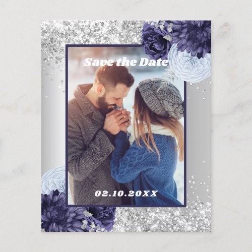 Silver blue floral photo Save the Date wedding