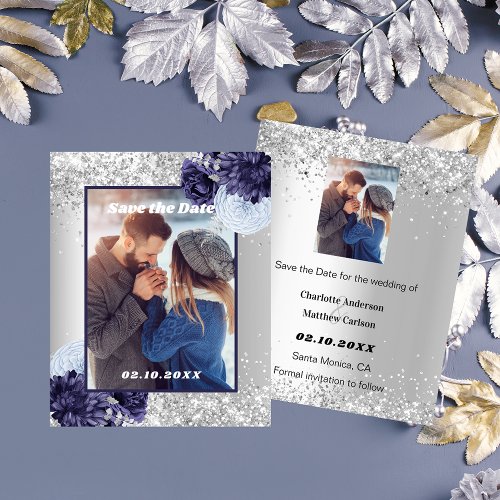 Silver blue floral photo Save the Date wedding Flyer