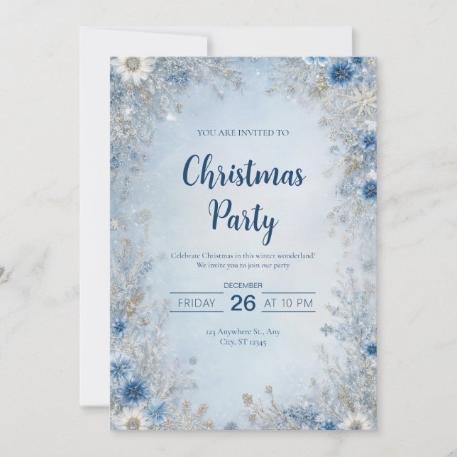 Silver Blue Floral Snowflake Winter Wedding Invitation (Front)