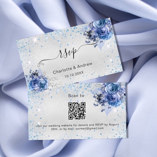 Silver blue floral wedding website RSVP QR code Enclosure Card
