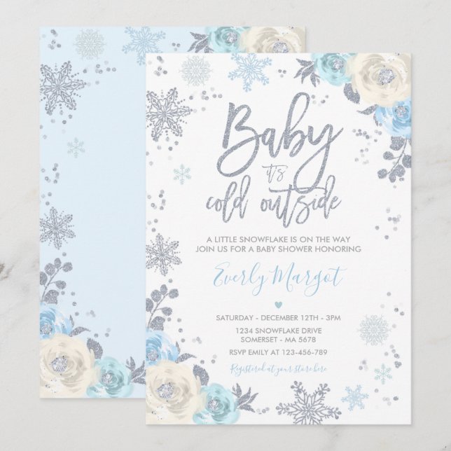 Silver & Blue Floral Winter Baby Shower Snowflake Invitation (Front/Back)