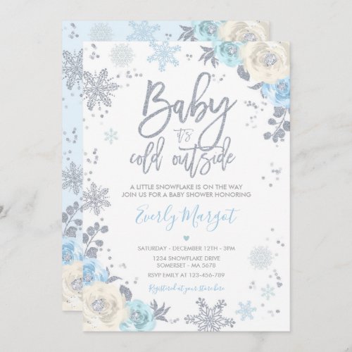 Silver  Blue Floral Winter Baby Shower Snowflake Invitation