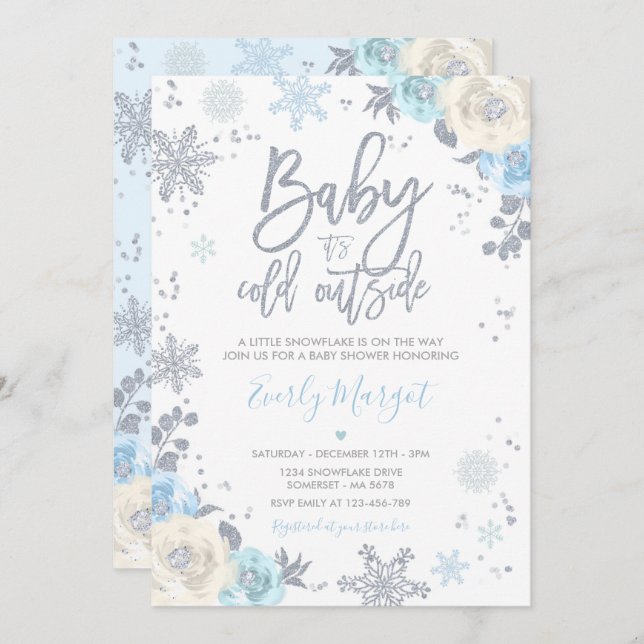 Silver & Blue Floral Winter Baby Shower Snowflake Invitation (Front/Back)