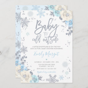 Silver & Blue Floral Winter Baby Shower Snowflake Invitation