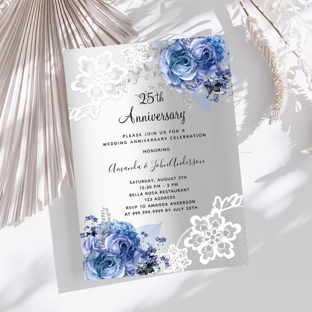 Silver blue florals 25th wedding anniversary invitation (Creator Uploaded)