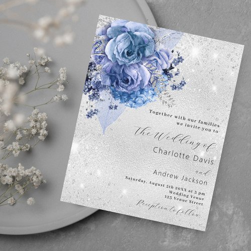 Silver blue florals budget wedding invitation