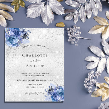 Silver Blue Florals Budget Wedding Invitation Flyer by Thunes at Zazzle