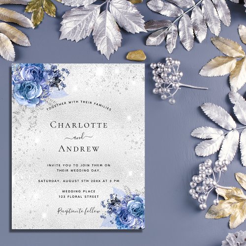 Silver blue florals budget wedding invitation flyer