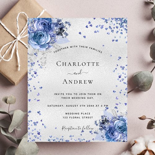Silver blue florals budget wedding invitation flyer