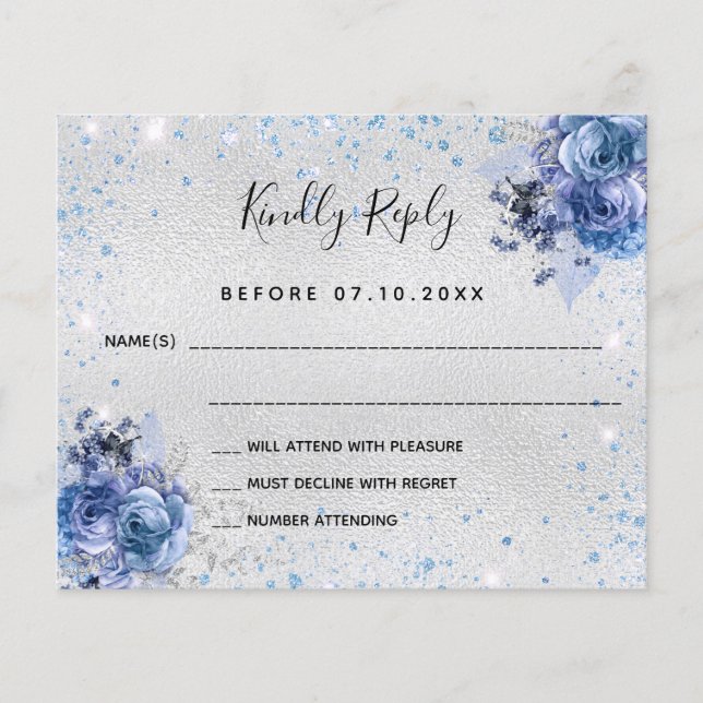Silver blue florals budget wedding RSVP Flyer (Front)