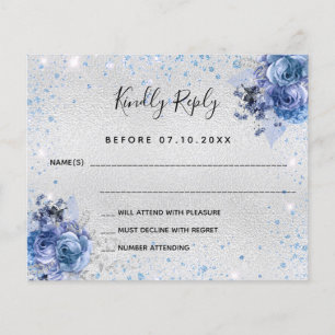 Silver blue florals budget wedding RSVP Flyer
