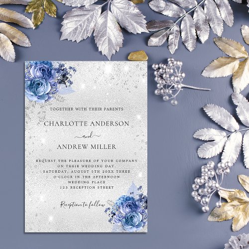 Silver blue florals elegant luxury wedding invitation