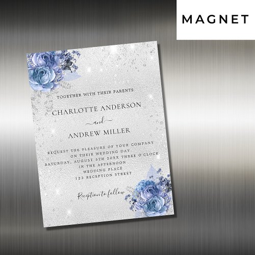 Silver blue florals elegant luxury wedding magnetic invitation