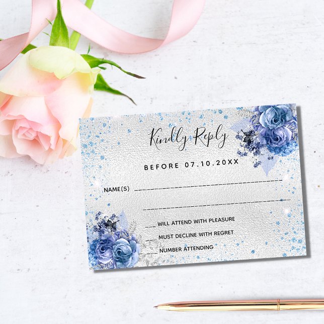 Silver blue florals elegant wedding RSVP (Creator Uploaded)