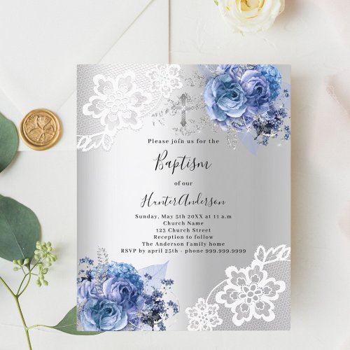 Silver blue florals lace Baptism invitation