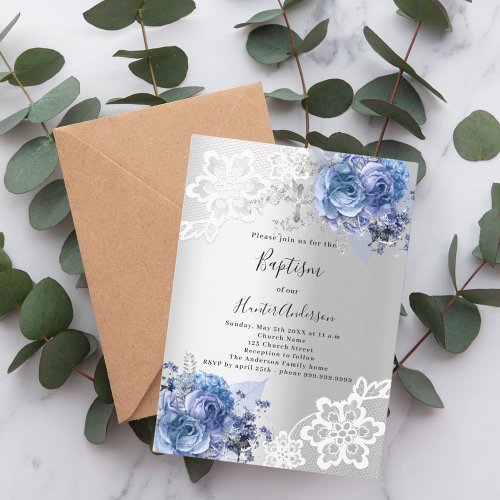 Silver blue florals lace Baptism Invitation